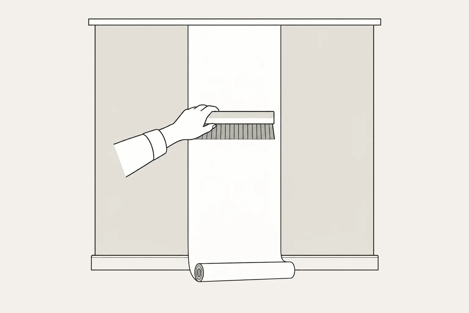 壁に張ったクロスを刷毛でなでつけている線画。床にはクロスのロール