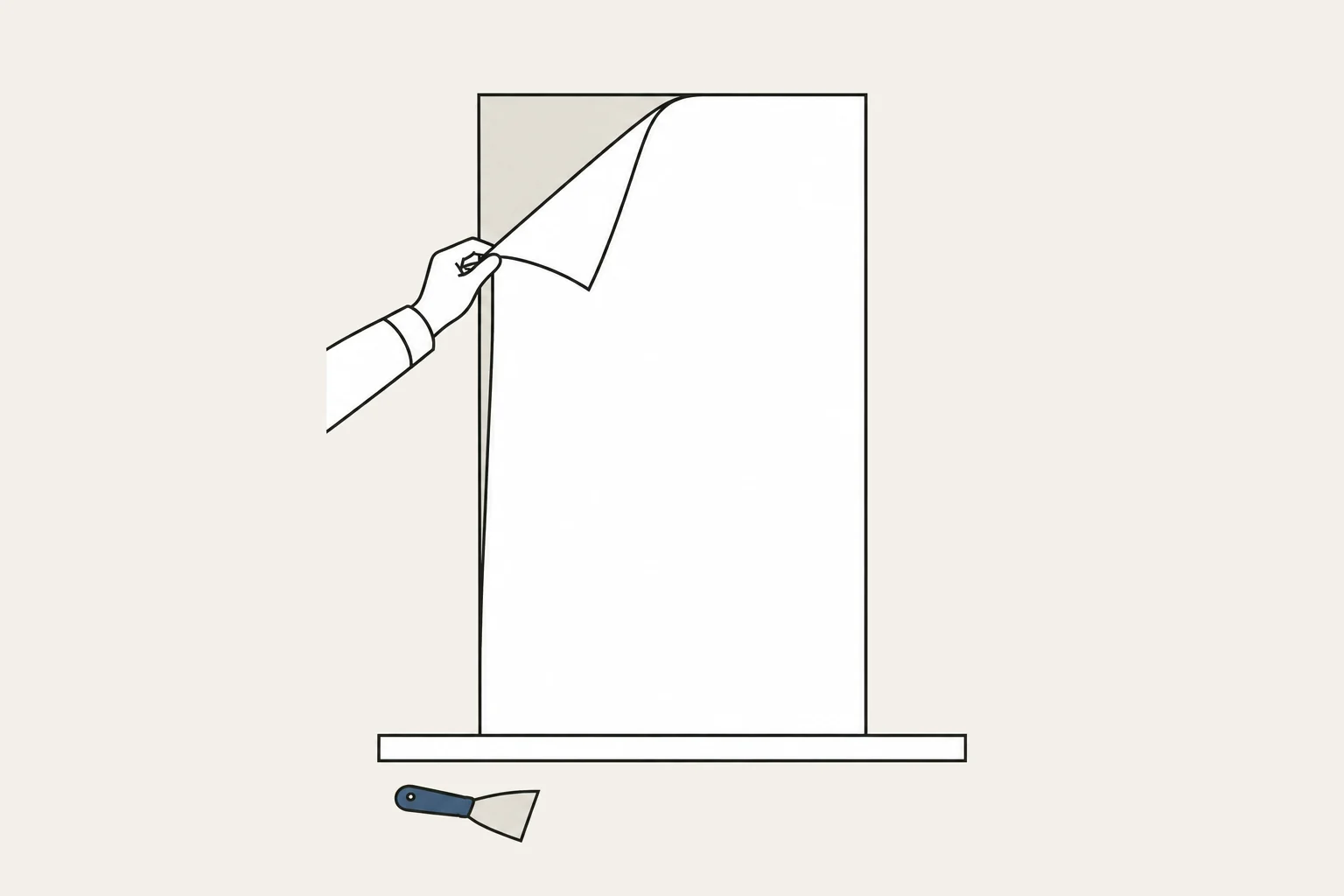 古いクロスの端を手でつまみ、壁から剥がしている線画