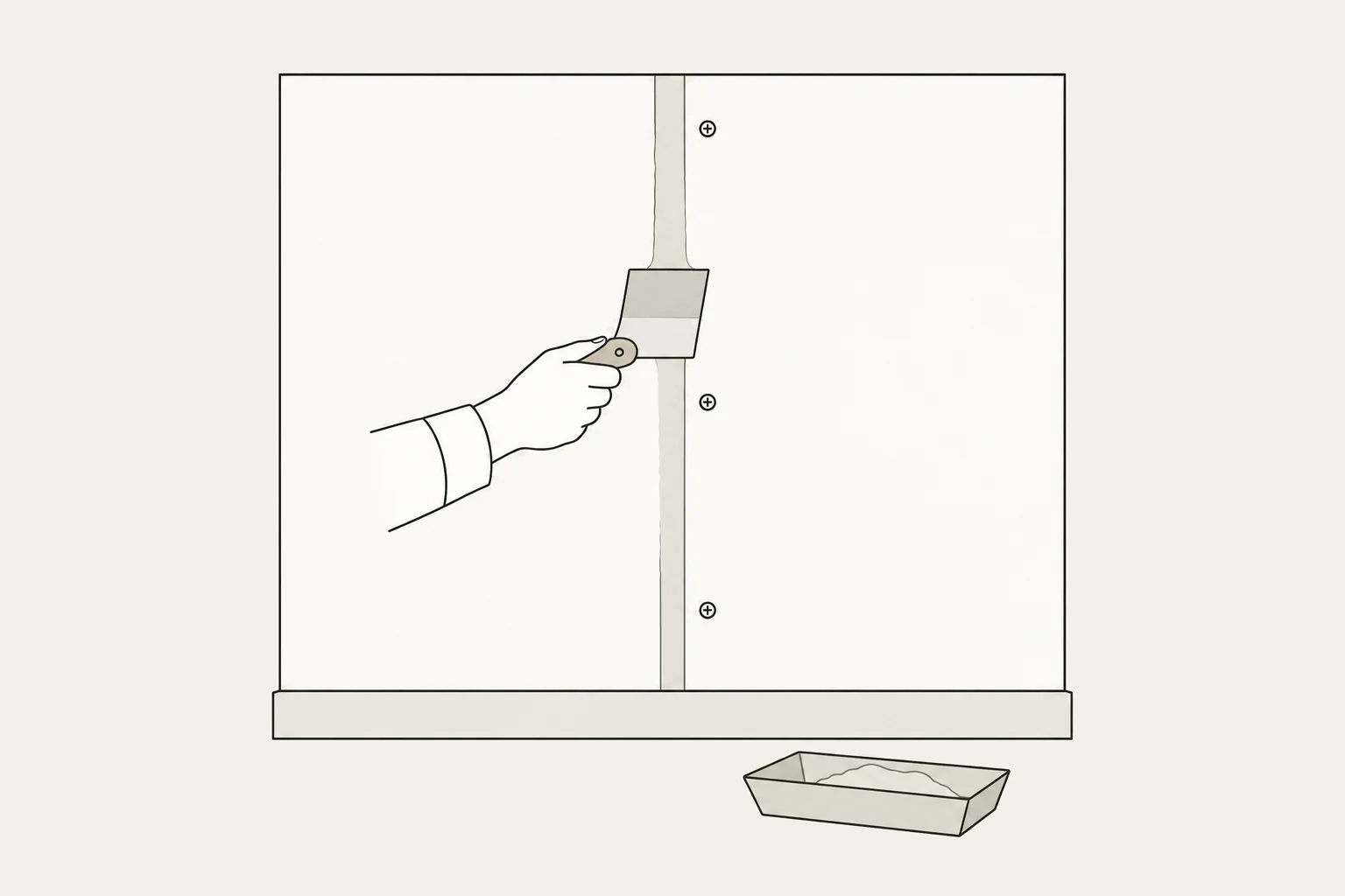 壁の板の継ぎ目に、ヘラでパテを入れている手元の線画